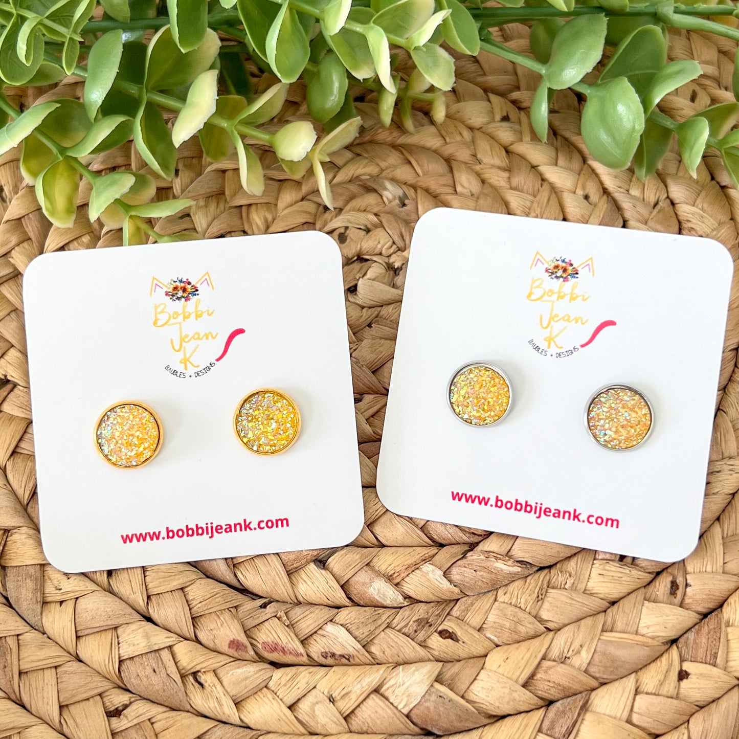 SALE: Golden Yellow Faux Druzy Studs 12mm: Choose Silver or Gold Settings