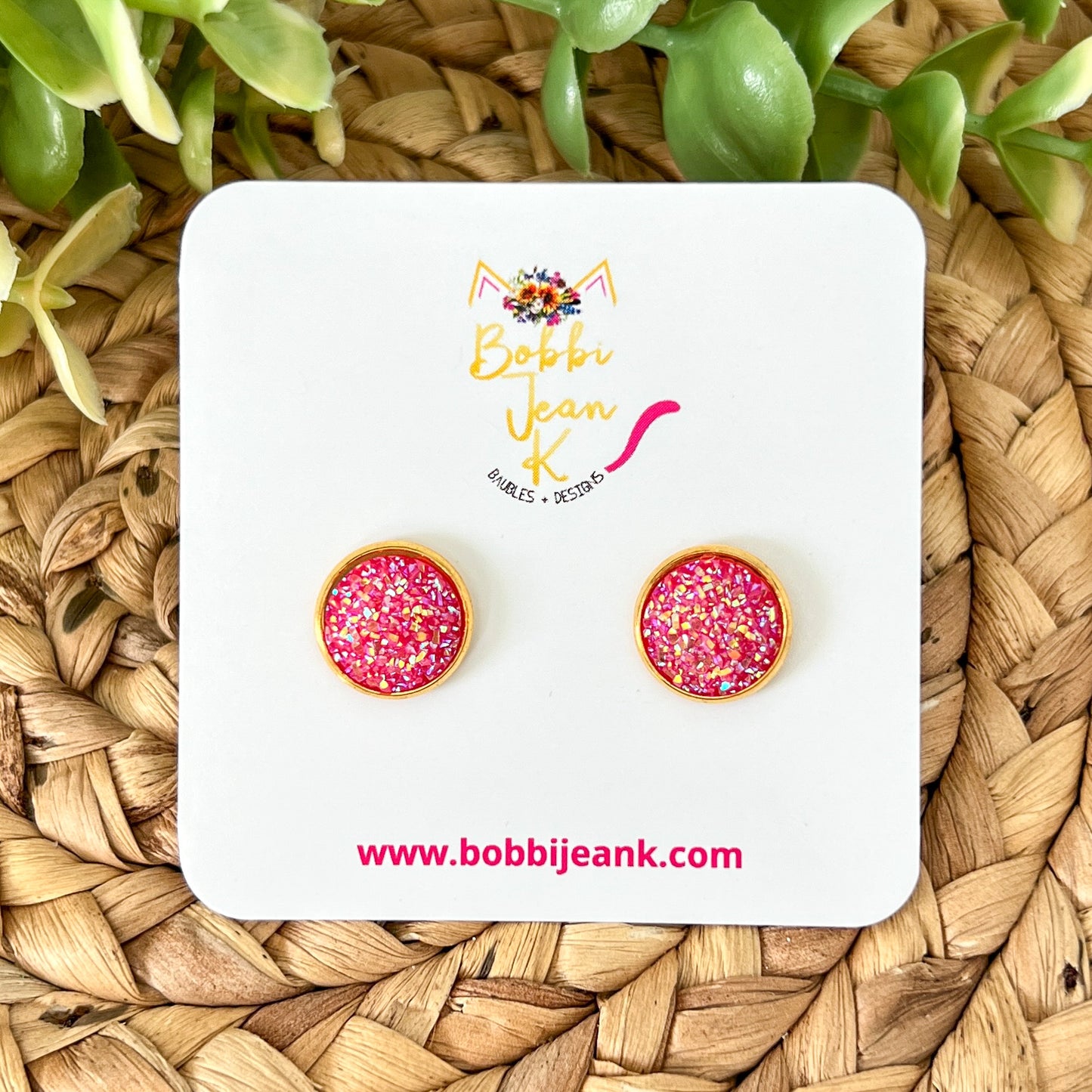 SALE: Hot Pink Faux Druzy Studs 12mm: Choose Silver or Gold Settings