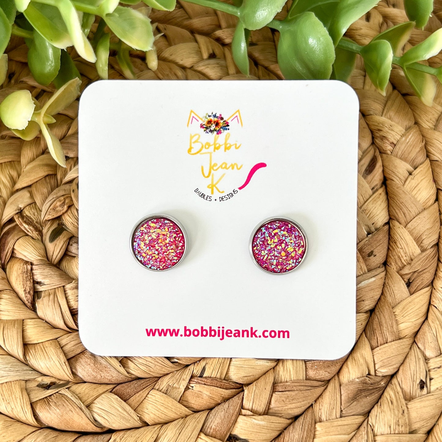 SALE: Hot Pink Faux Druzy Studs 12mm: Choose Silver or Gold Settings