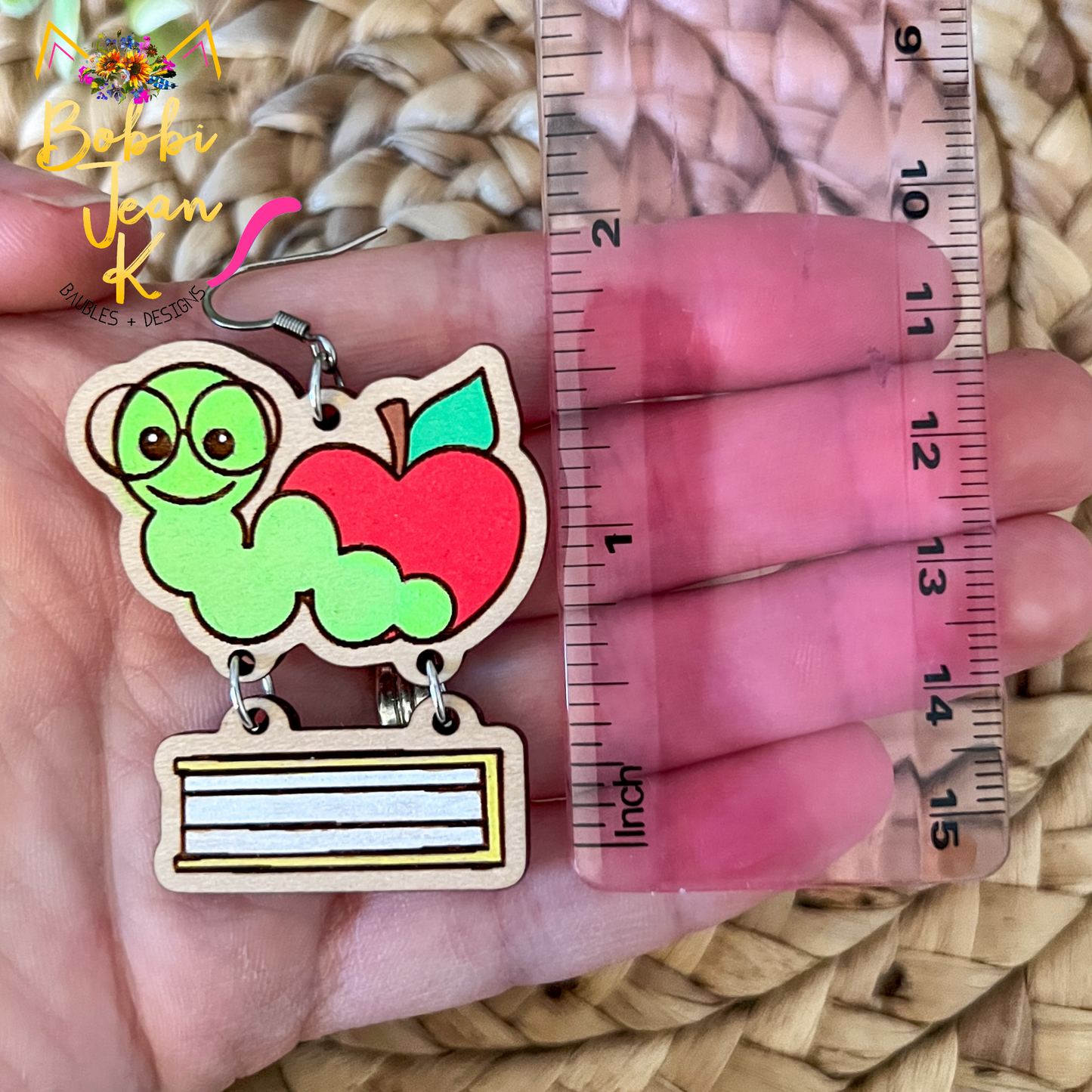 Hand Painted Bookworm Wood Earrings
