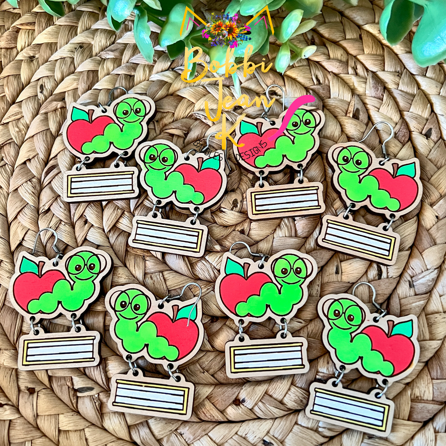 Hand Painted Bookworm Wood Earrings