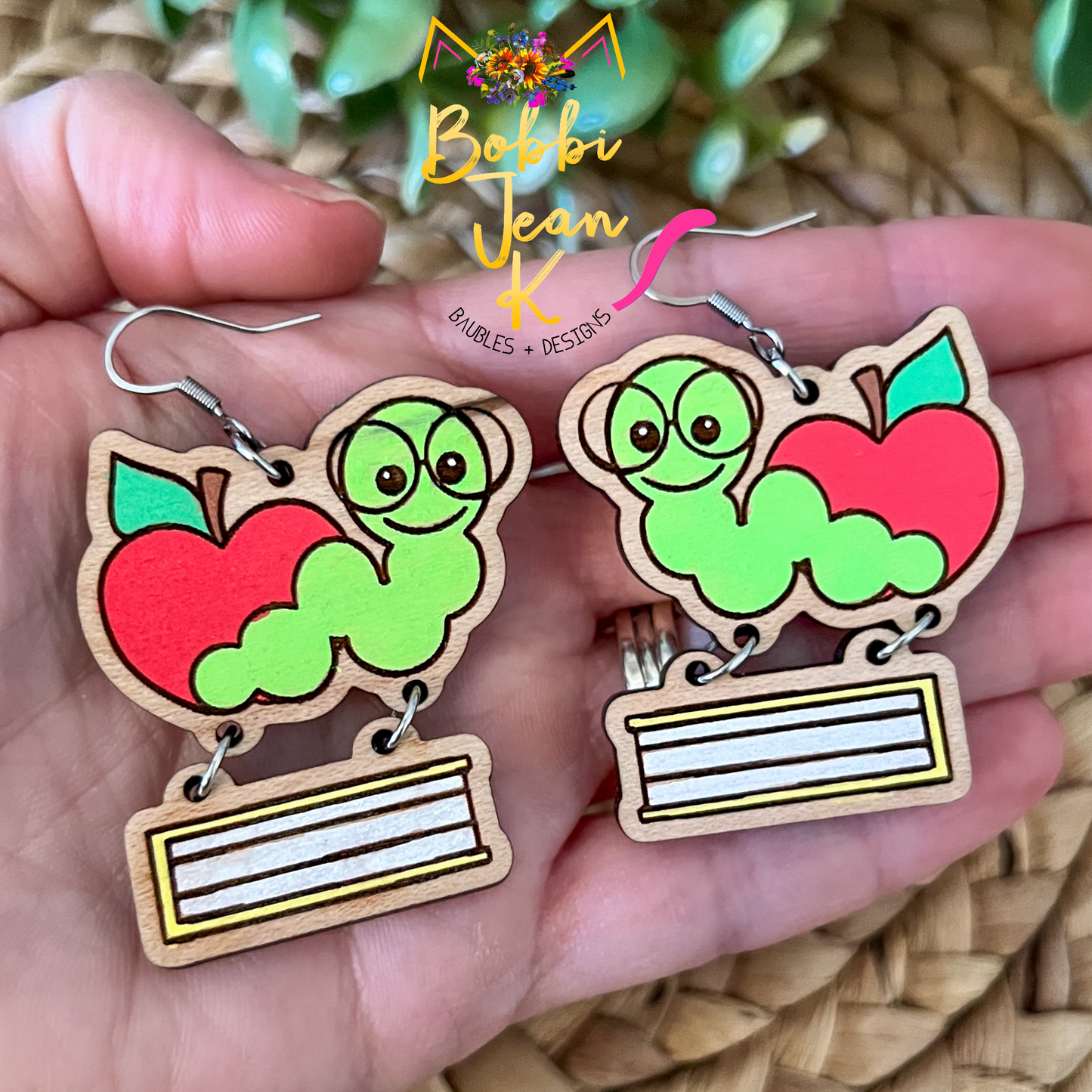 Hand Painted Bookworm Wood Earrings