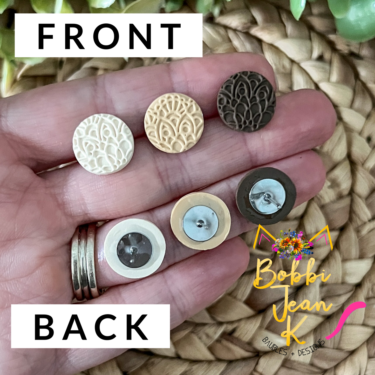 Lace Imprinted Clay "Coin" Studs: Choose From 3 Colors