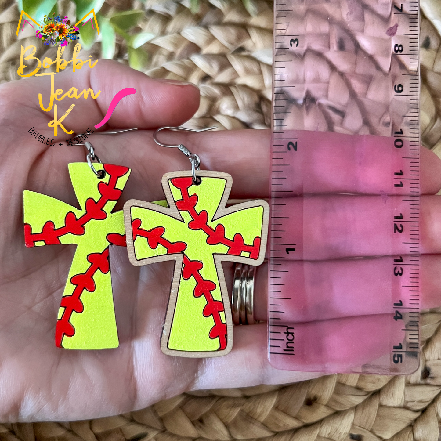 SALE: Hand Painted Softball Cross Wood Earrings - ONLY ONE LEFT