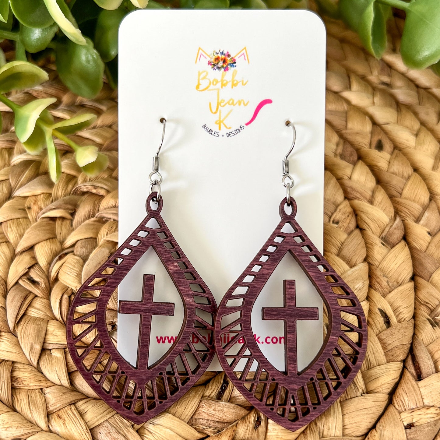 Flourished Teardrop Cross Dyed Wood Earrings: Choose From 3 Colors - LAST CHANCE - DESIGN BEING DISCONTINUED (Was $14)