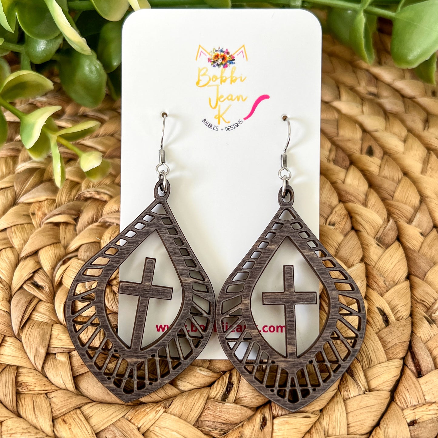 Flourished Teardrop Cross Dyed Wood Earrings: Choose From 3 Colors - LAST CHANCE - DESIGN BEING DISCONTINUED (Was $14)