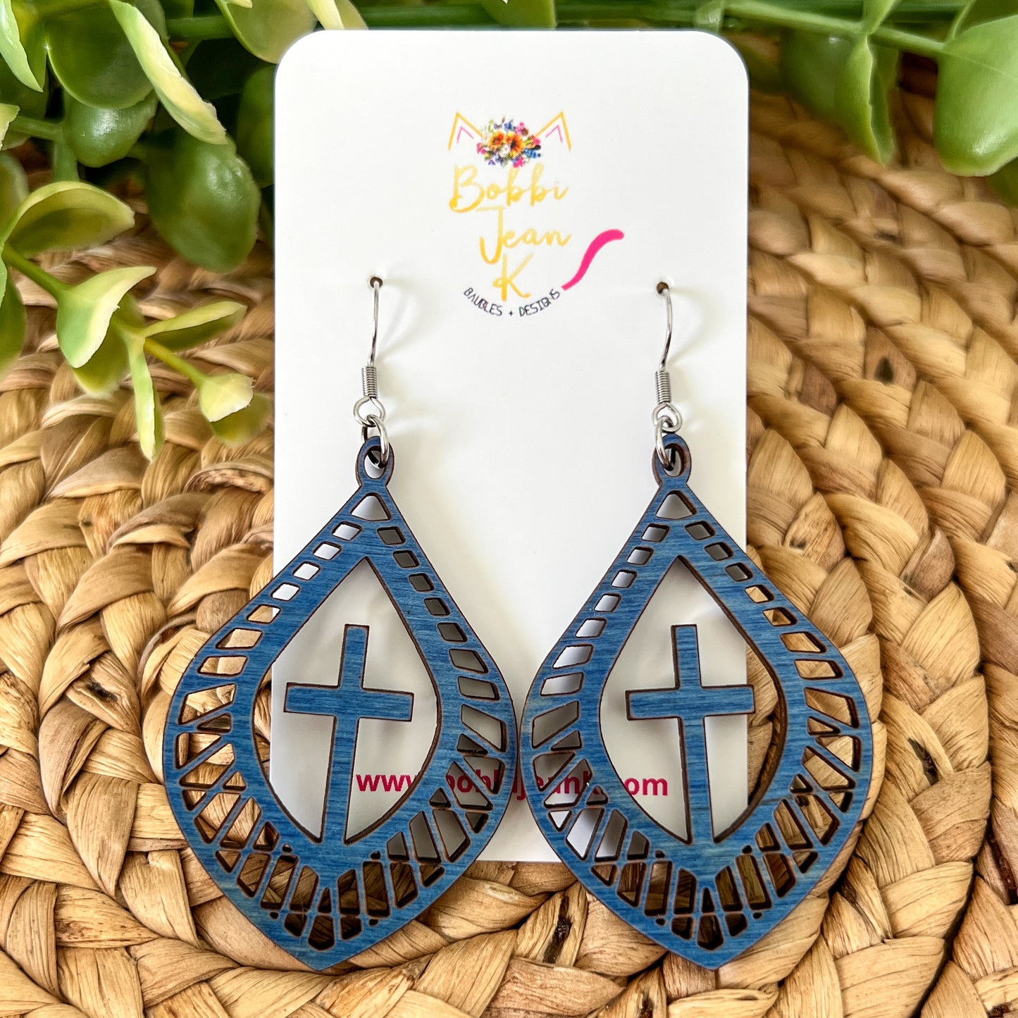 Flourished Teardrop Cross Dyed Wood Earrings: Choose From 3 Colors - LAST CHANCE - DESIGN BEING DISCONTINUED (Was $14)
