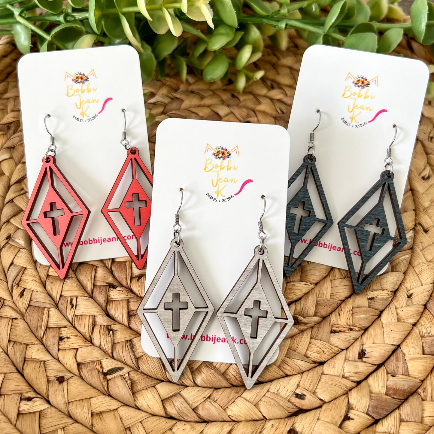 Cross Diamond Dyed Wood Earrings: Choose From 3 Colors - LAST CHANCE - DESIGN BEING DISCONTINUED (Was $12)