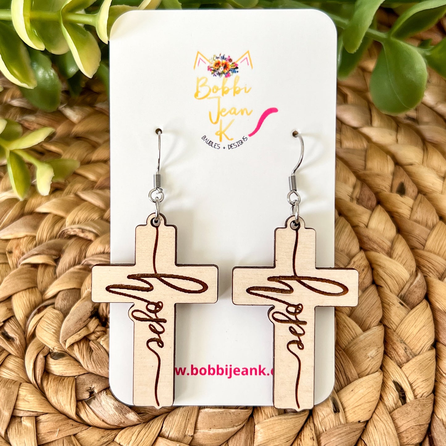 Whitewashed Wood Cross Earrings: Choose From Jesus, Faith, Hope, or Love