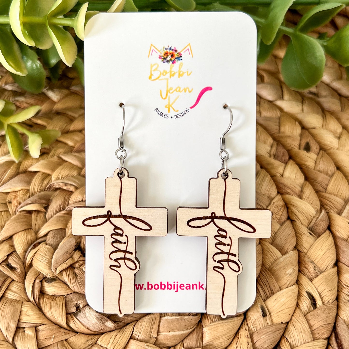 Whitewashed Wood Cross Earrings: Choose From Jesus, Faith, Hope, or Love