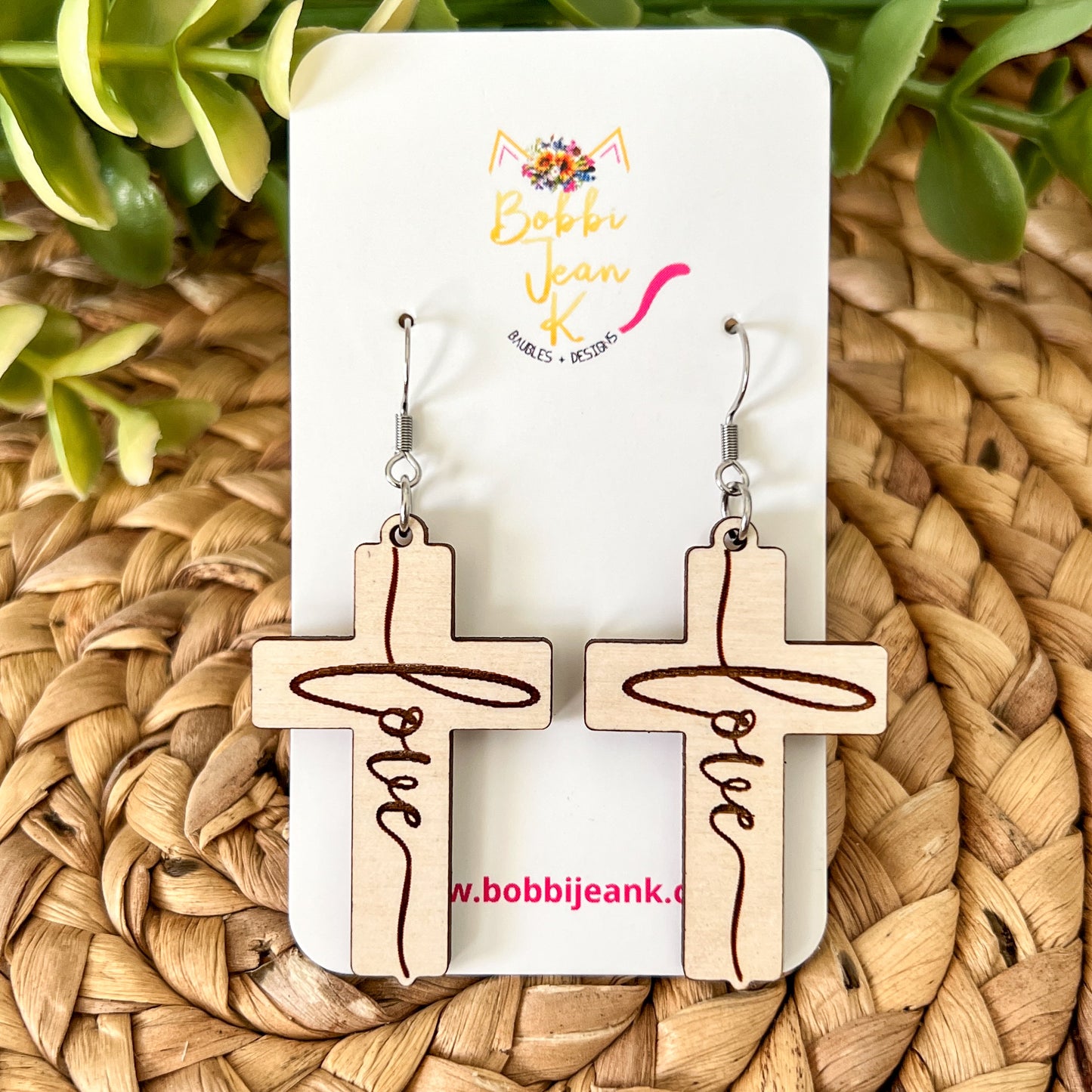 Whitewashed Wood Cross Earrings: Choose From Jesus, Faith, Hope, or Love