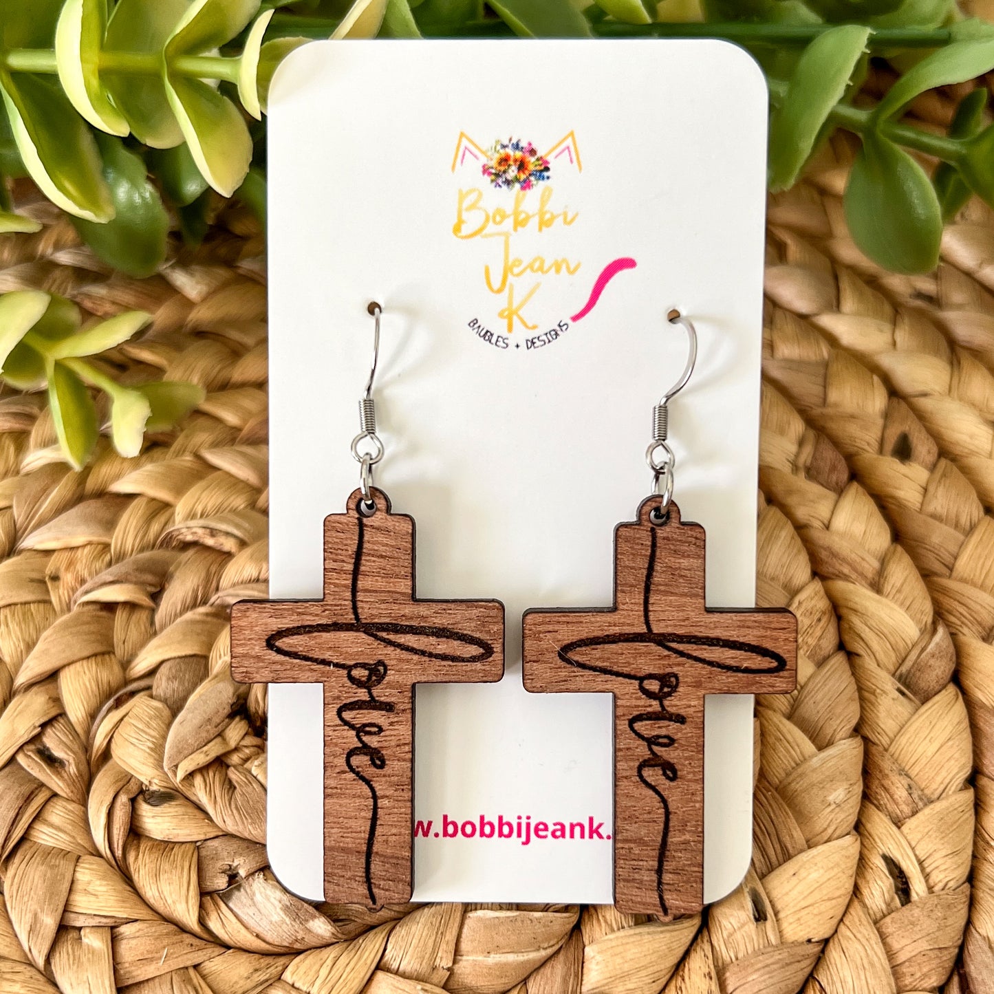 Sapele Wood Cross Earrings: Choose From Jesus, Faith, Hope, or Love