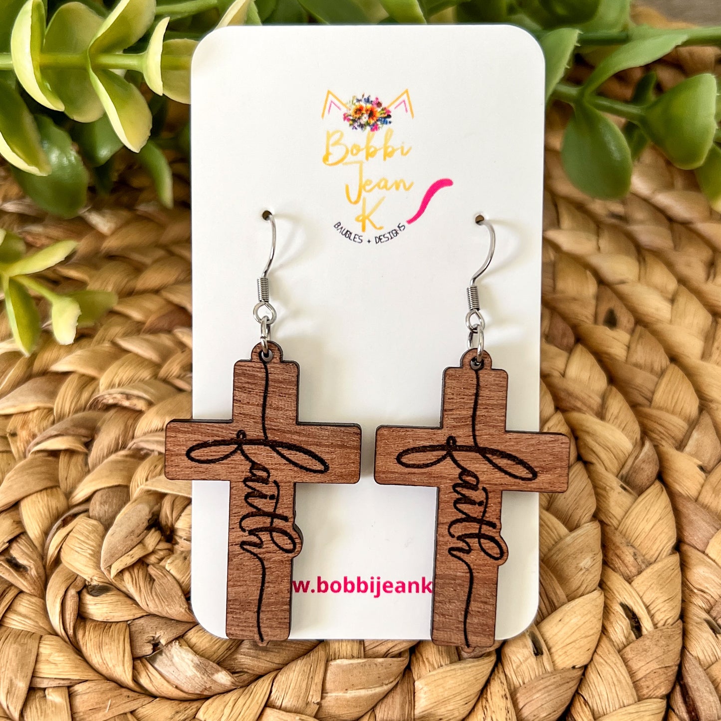 Sapele Wood Cross Earrings: Choose From Jesus, Faith, Hope, or Love