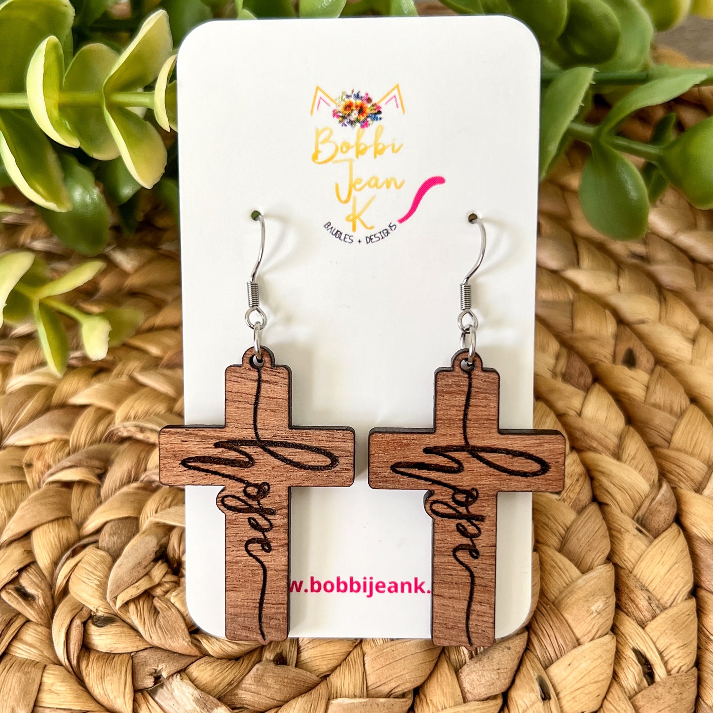 Sapele Wood Cross Earrings: Choose From Jesus, Faith, Hope, or Love