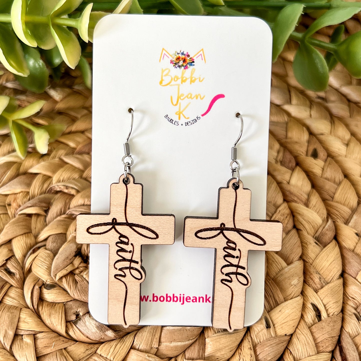 Maple Wood Cross Earrings: Choose From Jesus, Faith, Hope, or Love