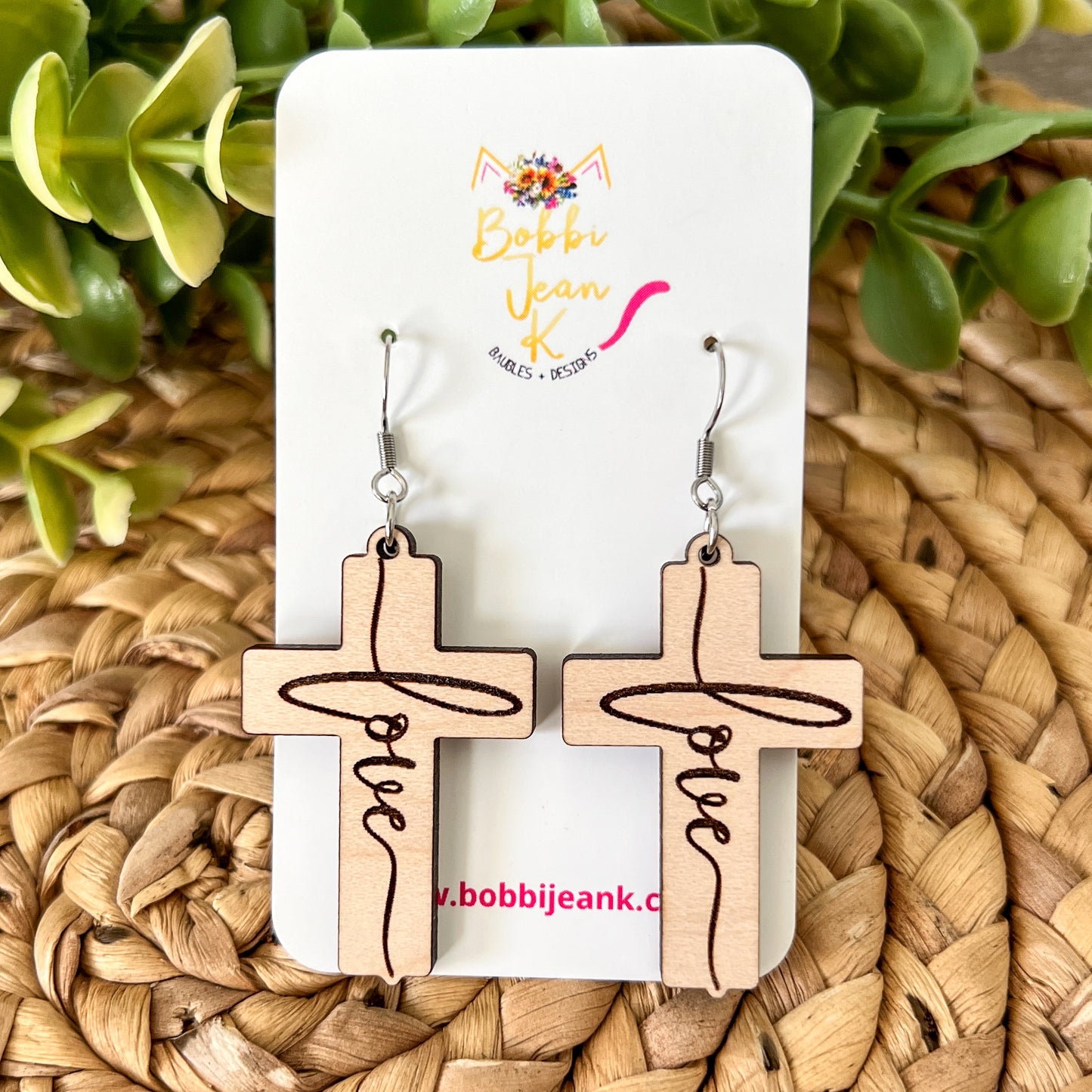 Maple Wood Cross Earrings: Choose From Jesus, Faith, Hope, or Love