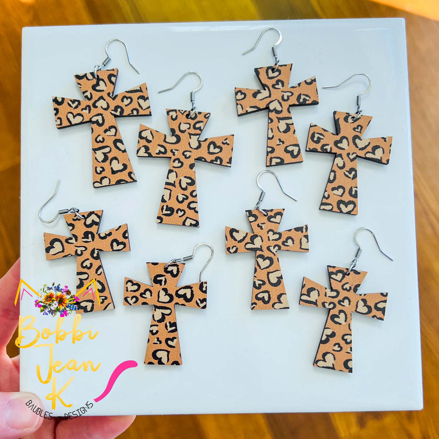 Leopard Heart Print Wood Cross Earrings & Heart Studs