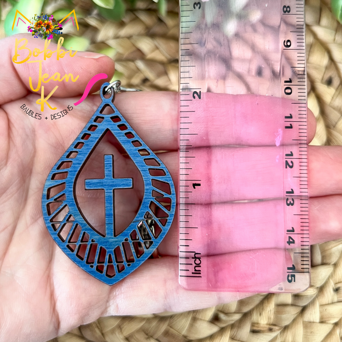 Flourished Teardrop Cross Dyed Wood Earrings: Choose From 3 Colors - LAST CHANCE - DESIGN BEING DISCONTINUED (Was $14)