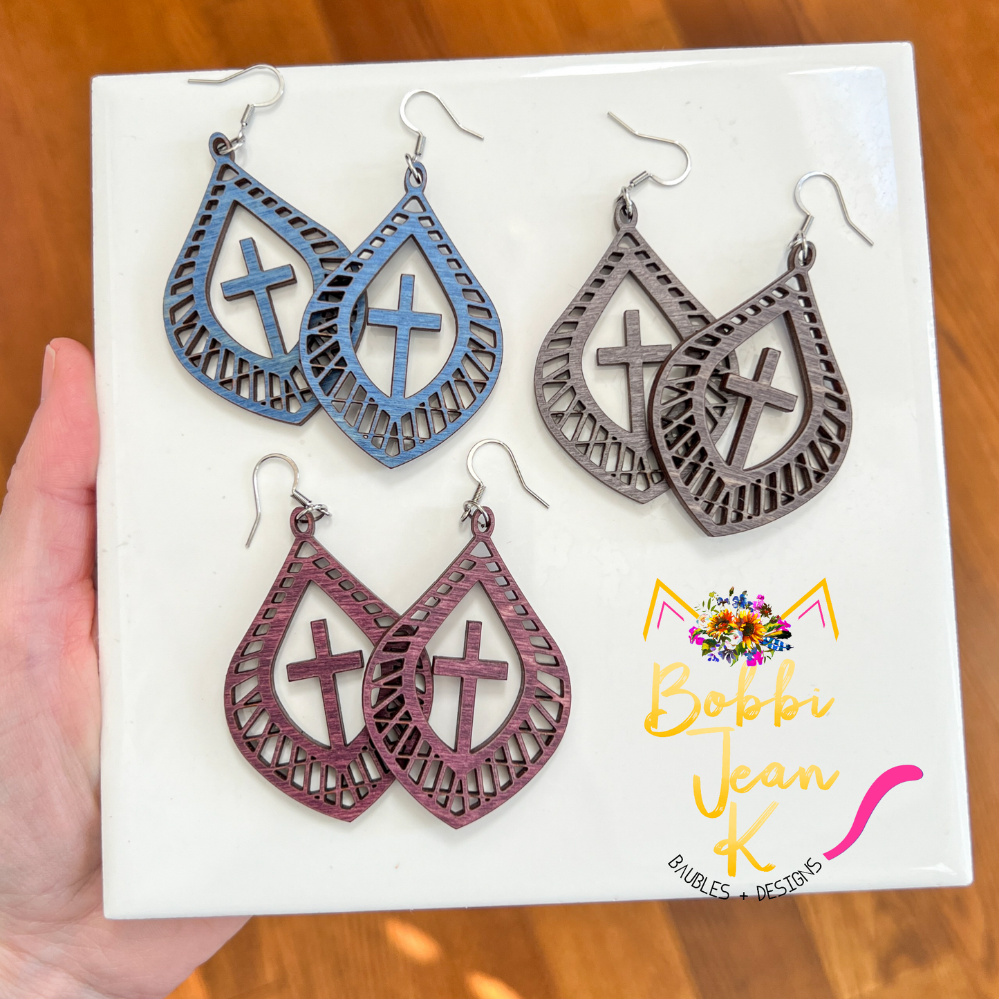 Flourished Teardrop Cross Dyed Wood Earrings: Choose From 3 Colors - LAST CHANCE - DESIGN BEING DISCONTINUED (Was $14)