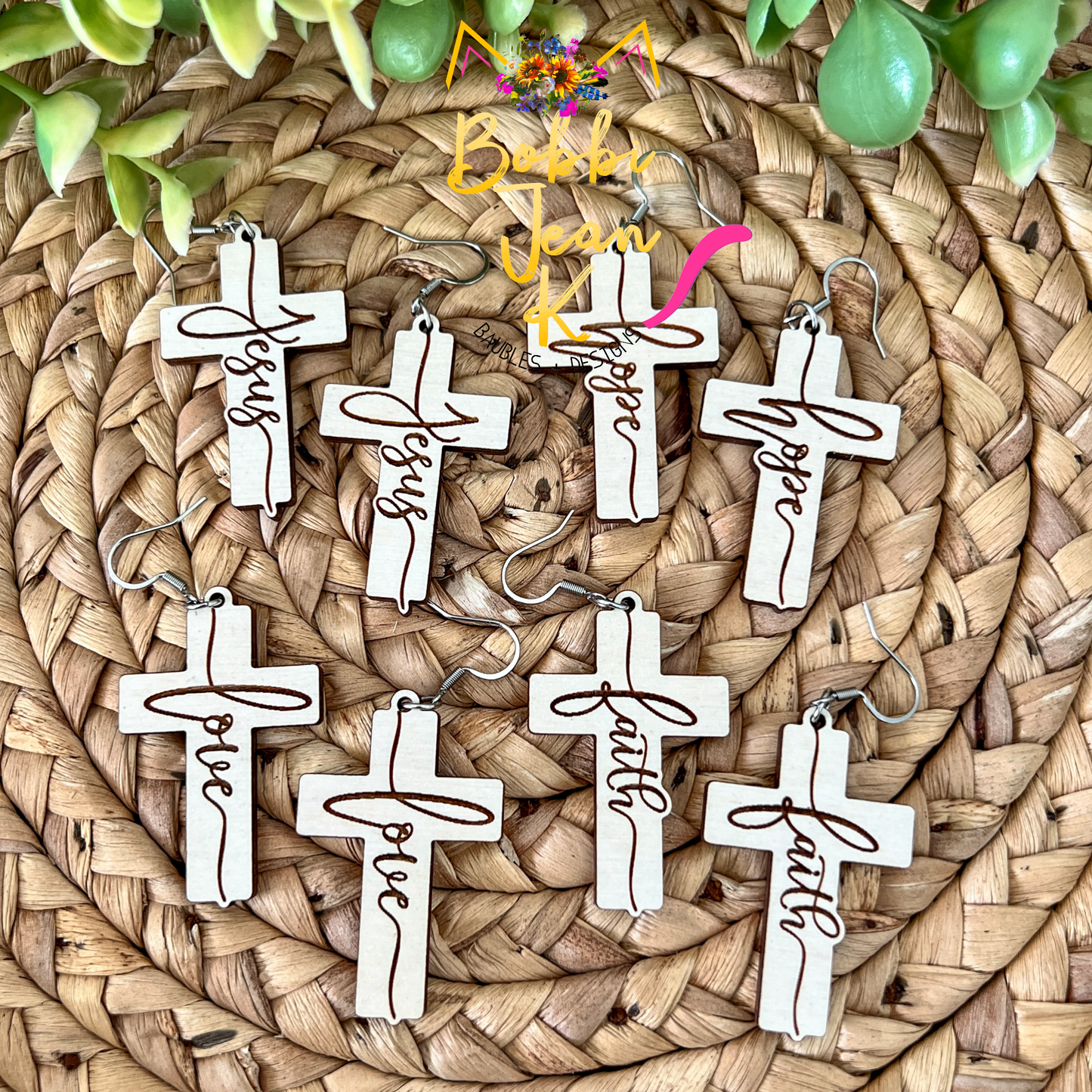 Whitewashed Wood Cross Earrings: Choose From Jesus, Faith, Hope, or Love