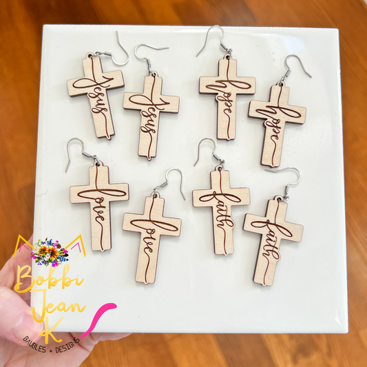 Whitewashed Wood Cross Earrings: Choose From Jesus, Faith, Hope, or Love