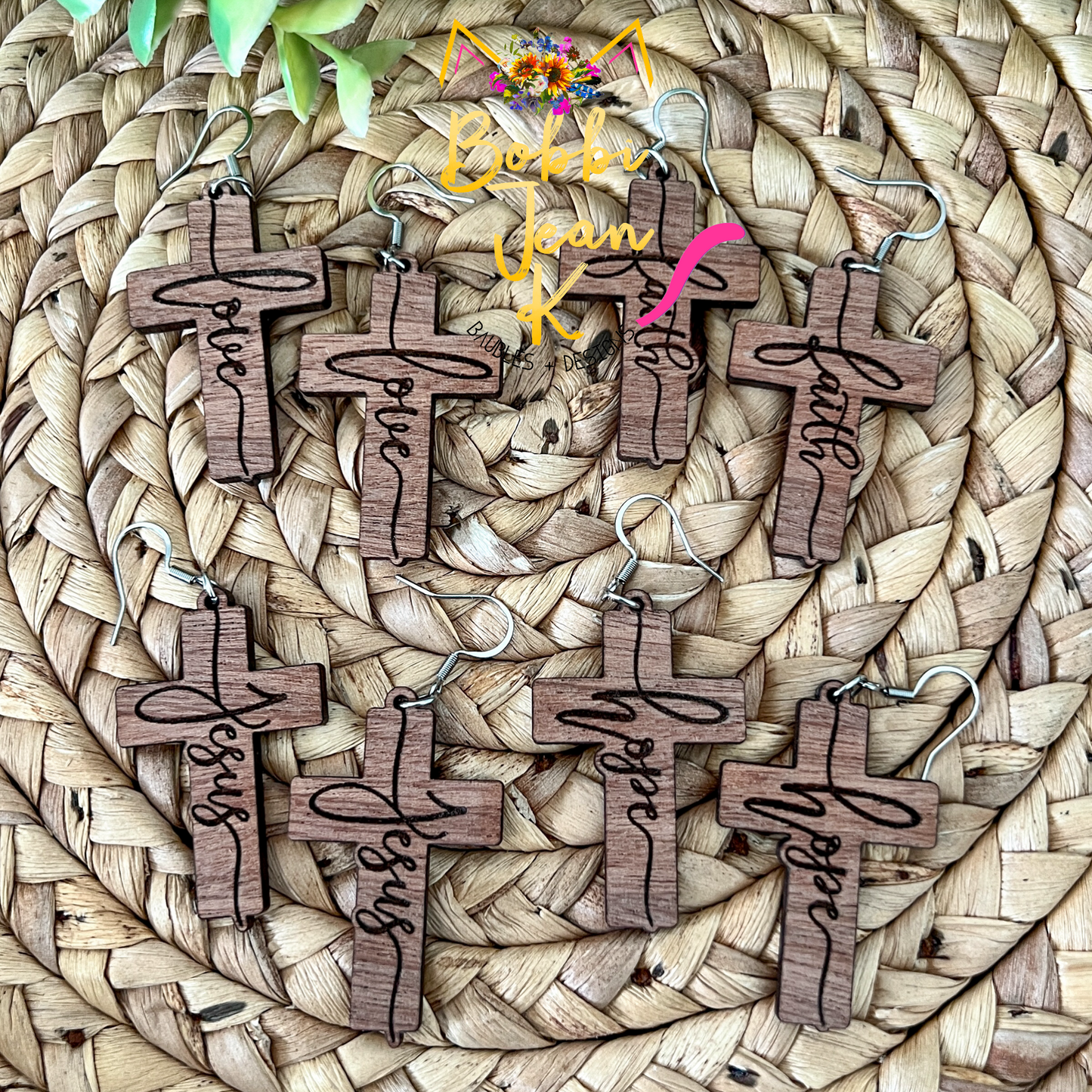 Sapele Wood Cross Earrings: Choose From Jesus, Faith, Hope, or Love