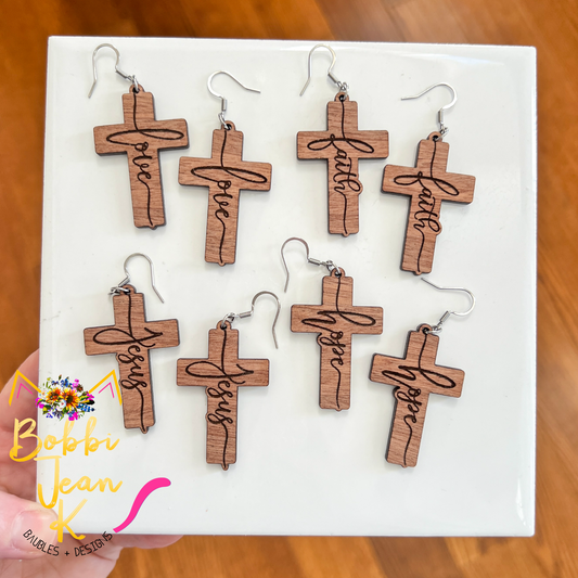 Sapele Wood Cross Earrings: Choose From Jesus, Faith, Hope, or Love