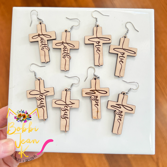 Maple Wood Cross Earrings: Choose From Jesus, Faith, Hope, or Love