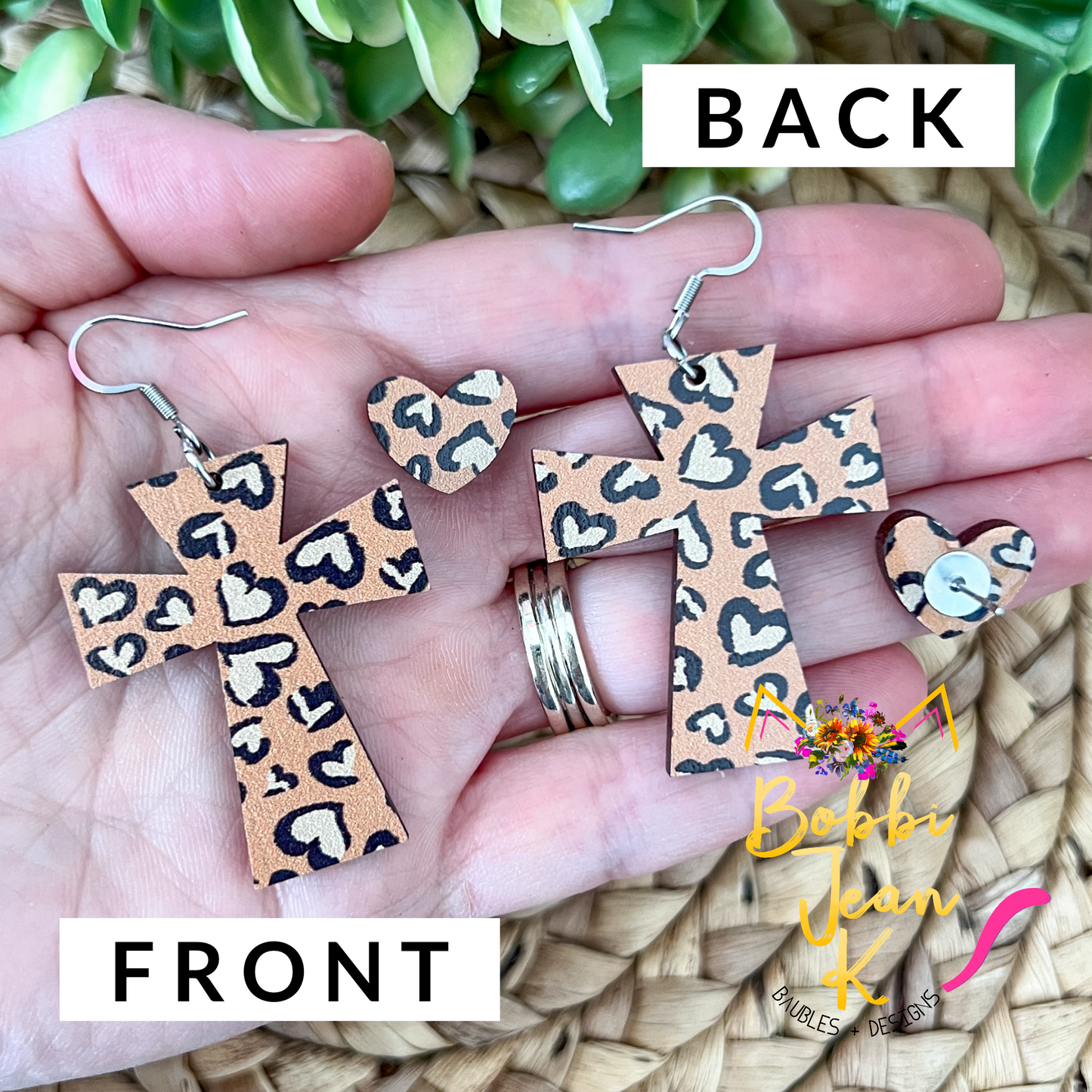 Leopard Heart Print Wood Cross Earrings & Heart Studs