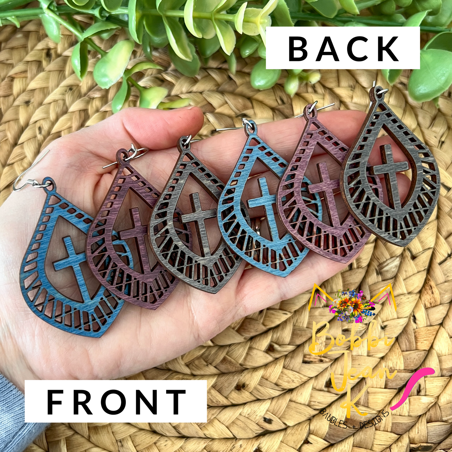 Flourished Teardrop Cross Dyed Wood Earrings: Choose From 3 Colors - LAST CHANCE - DESIGN BEING DISCONTINUED (Was $14)