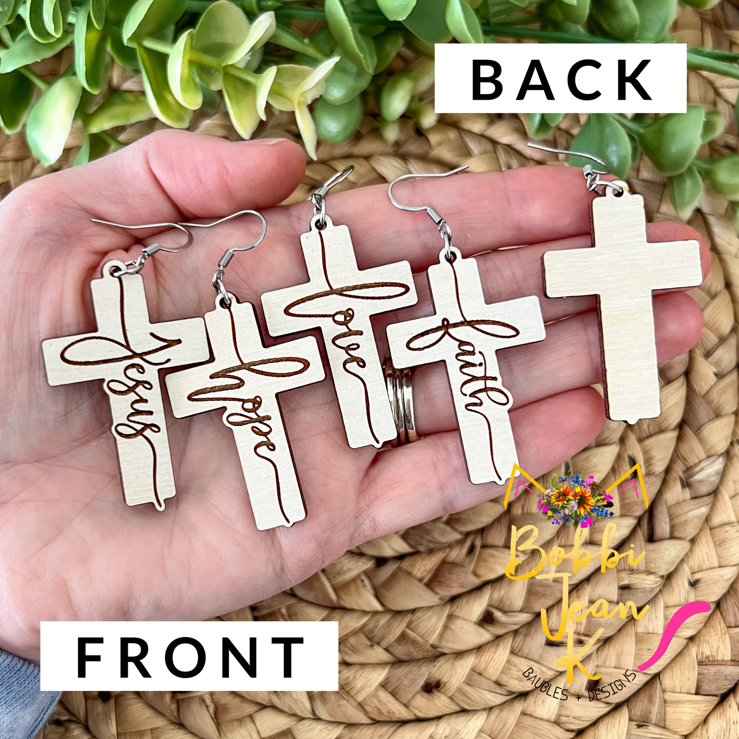 Whitewashed Wood Cross Earrings: Choose From Jesus, Faith, Hope, or Love