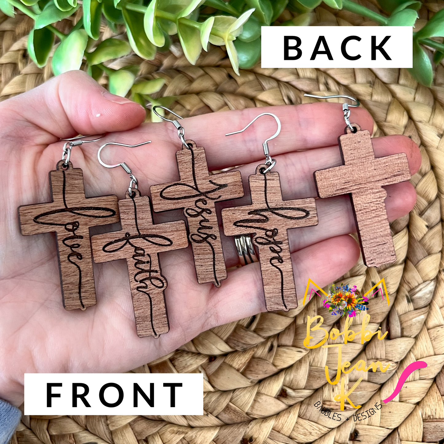 Sapele Wood Cross Earrings: Choose From Jesus, Faith, Hope, or Love