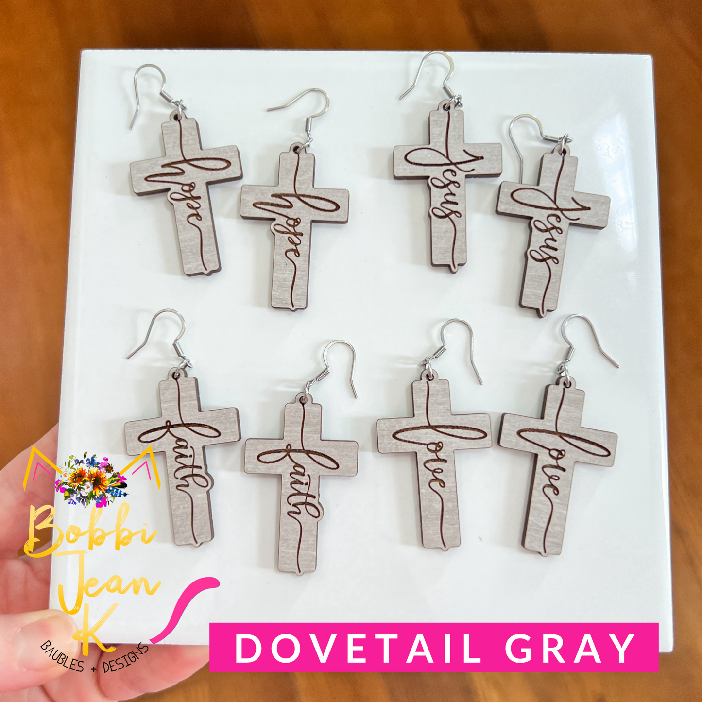 Dovetail Gray Wood Cross Earrings: Choose From Jesus, Faith, Hope, or Love