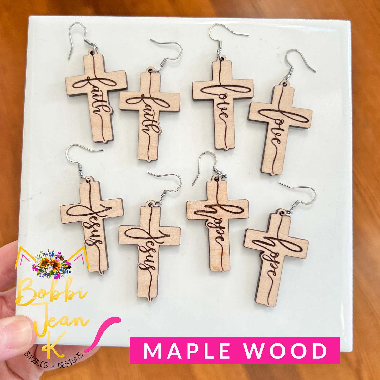 Maple Wood Cross Earrings: Choose From Jesus, Faith, Hope, or Love