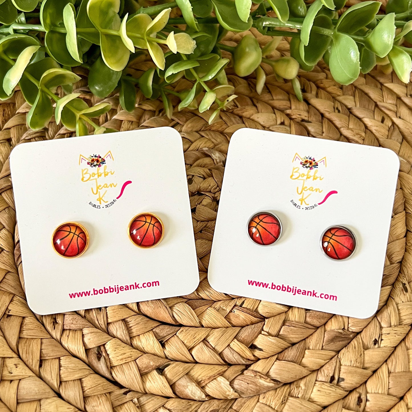 SALE: Basketball Glass Studs 12mm: Choose Silver or Gold Settings - LAST CHANCE