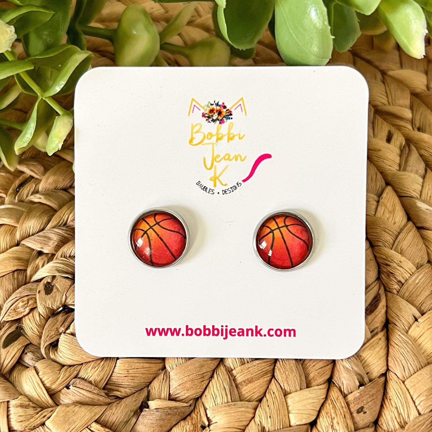 SALE: Basketball Glass Studs 12mm: Choose Silver or Gold Settings - LAST CHANCE