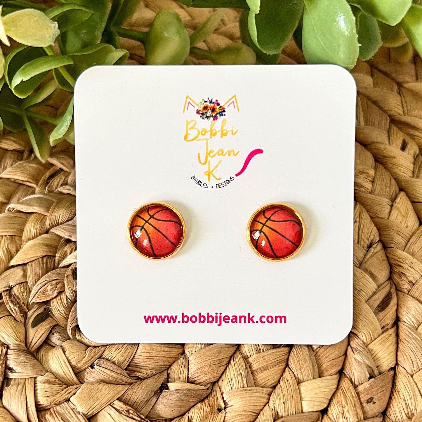 SALE: Basketball Glass Studs 12mm: Choose Silver or Gold Settings - LAST CHANCE