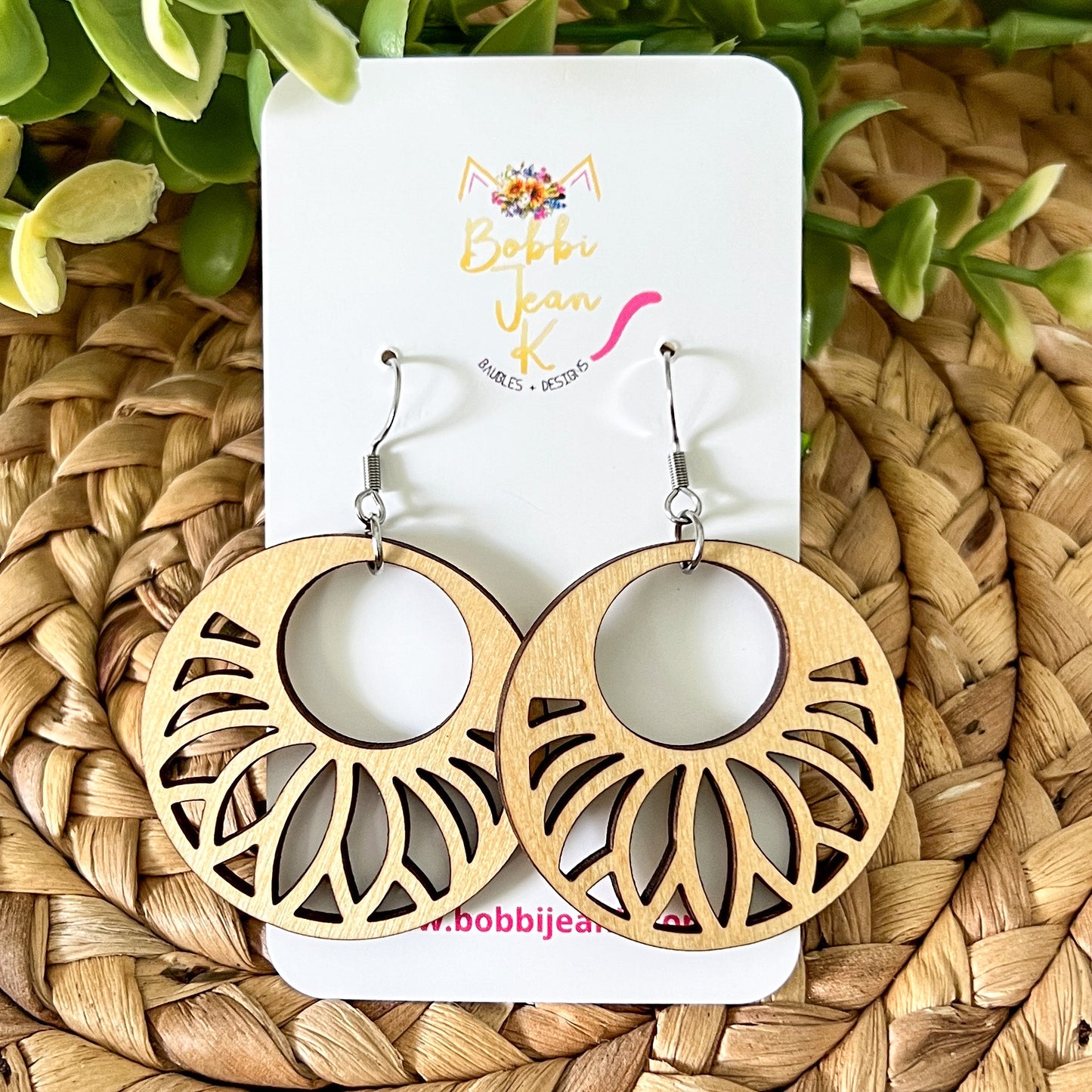 Floral Circle Dyed Wood Earrings: Choose From 3 Colors