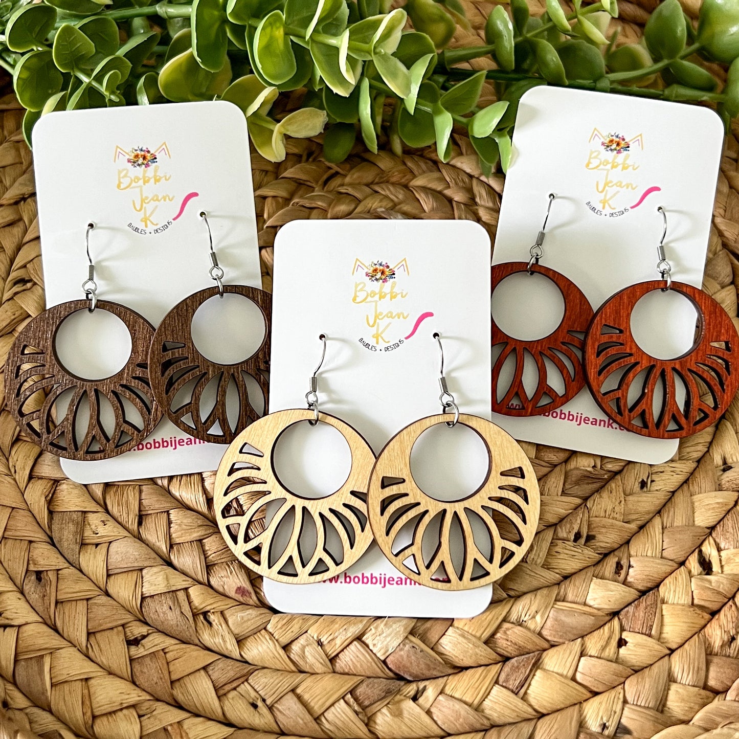Floral Circle Dyed Wood Earrings: Choose From 3 Colors