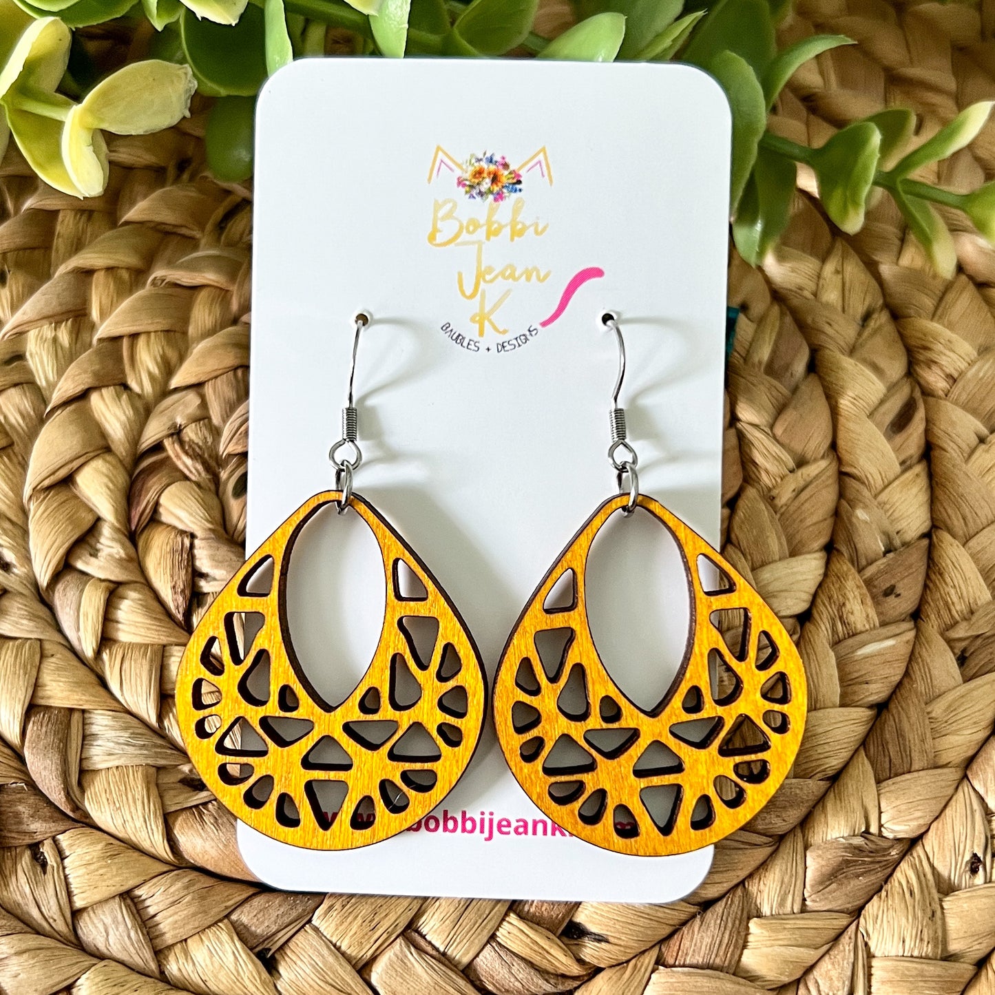 Intricate Teardrop Dyed Wood Earrings: Choose From 3 Colors