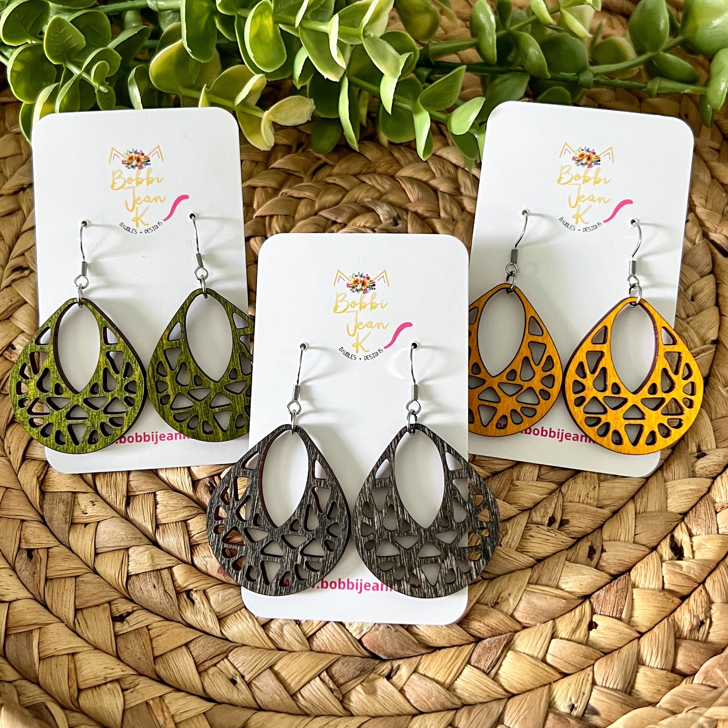Intricate Teardrop Dyed Wood Earrings: Choose From 3 Colors