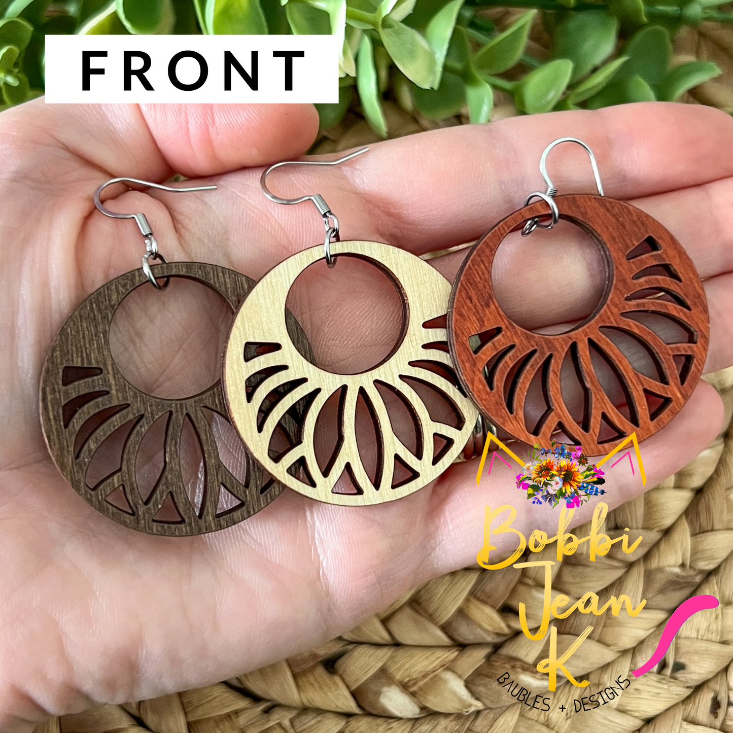Floral Circle Dyed Wood Earrings: Choose From 3 Colors