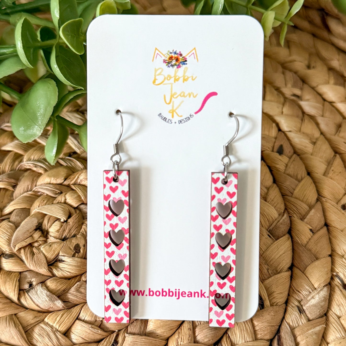 Mini Heart Slim Bar Wood Earrings: Choose From 2 Sizes