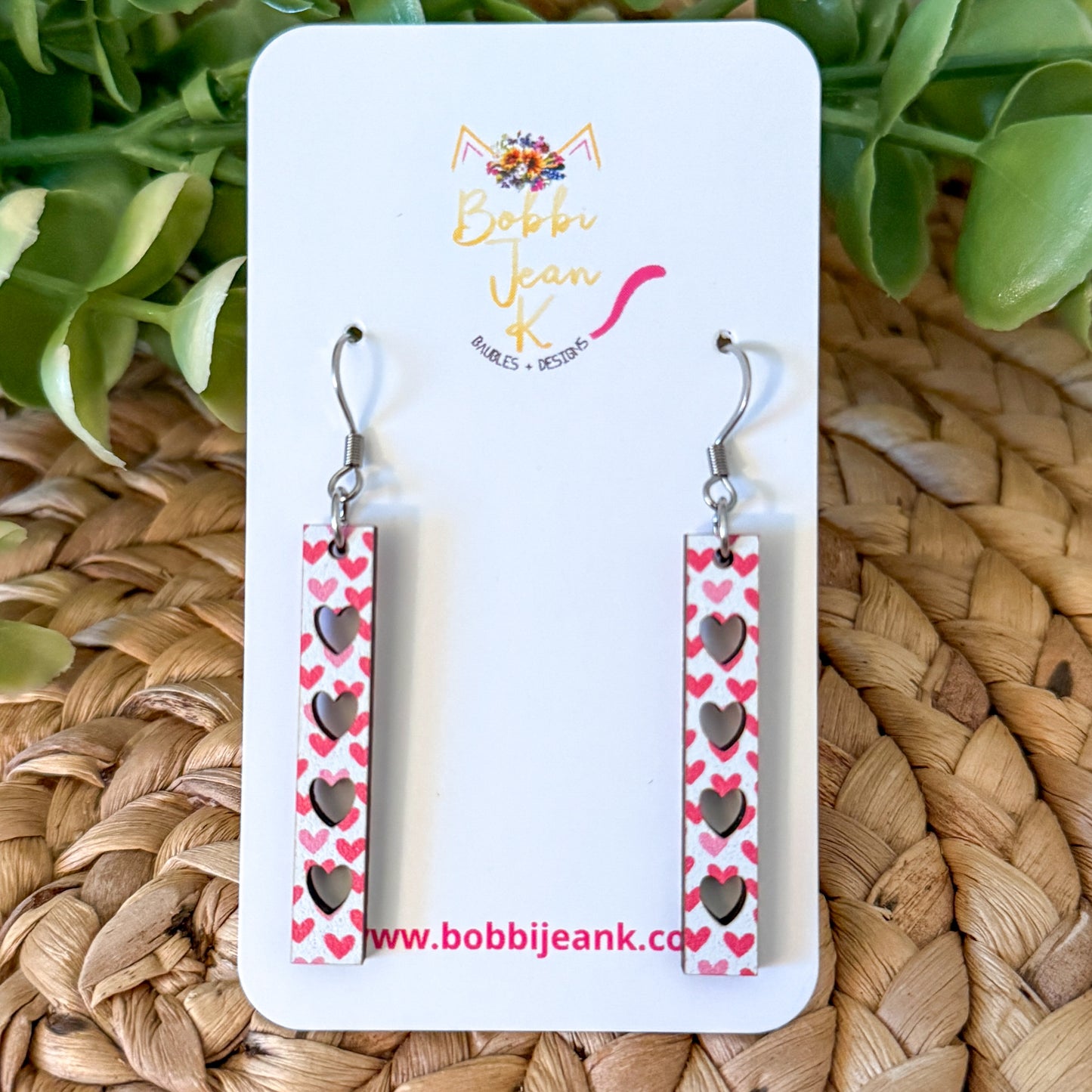 Mini Heart Slim Bar Wood Earrings: Choose From 2 Sizes