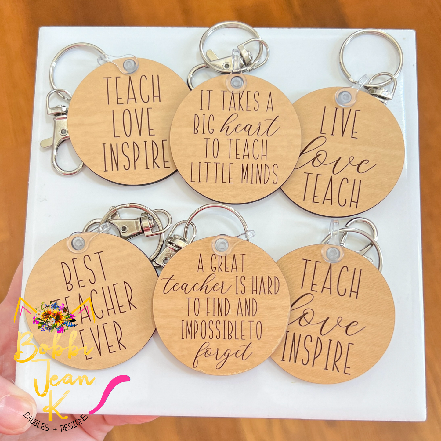 Teacher-Themed Wood Keychains: Choose From 6 Designs