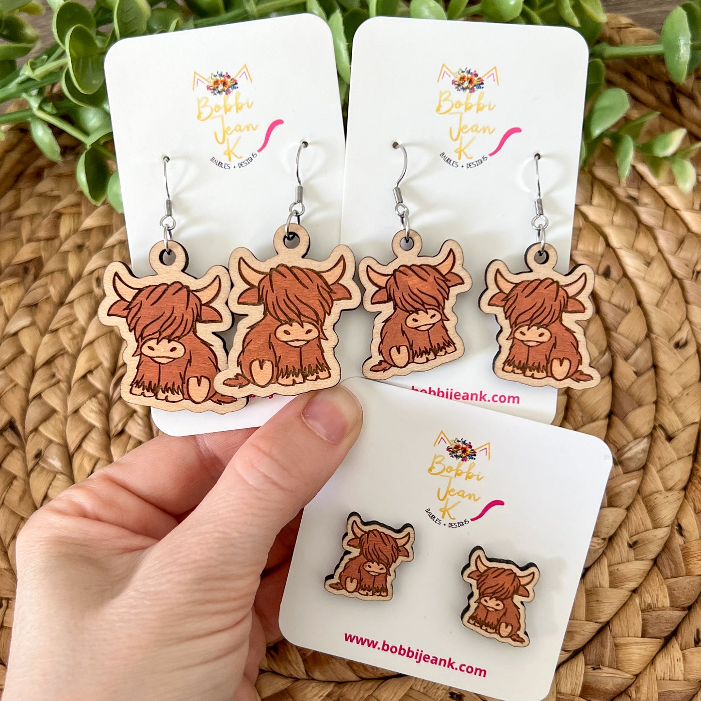 Highland Cow Hand Painted Wood Earrings: Choose from 3 Sizes