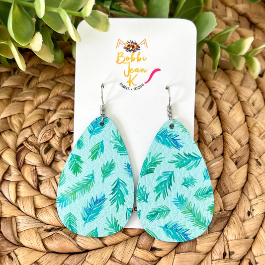 SALE: Aqua Fern Rounded Teardrop Leather Earrings - LAST CHANCE