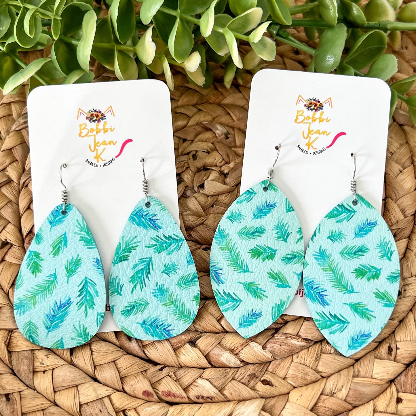 Aqua Fern Leather Earrings: Choose From 2 Styles