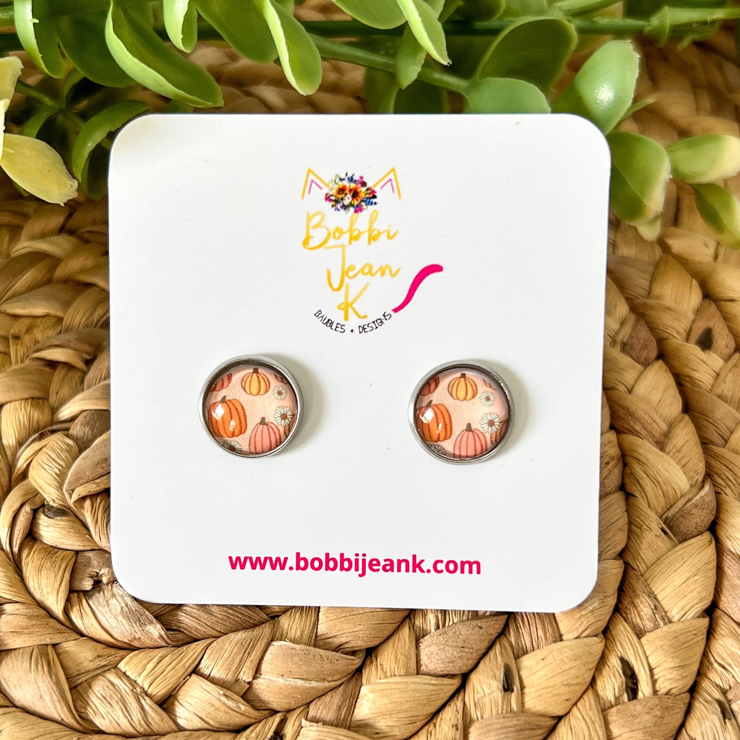 SALE: Boho Pumpkin Glass Studs 12mm: Choose Silver or Gold Settings - LAST CHANCE