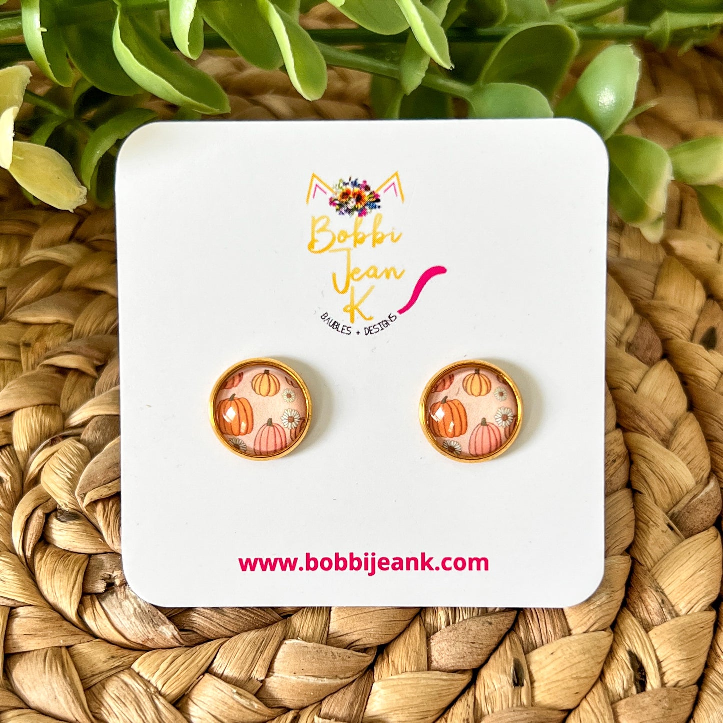 SALE: Boho Pumpkin Glass Studs 12mm: Choose Silver or Gold Settings - LAST CHANCE